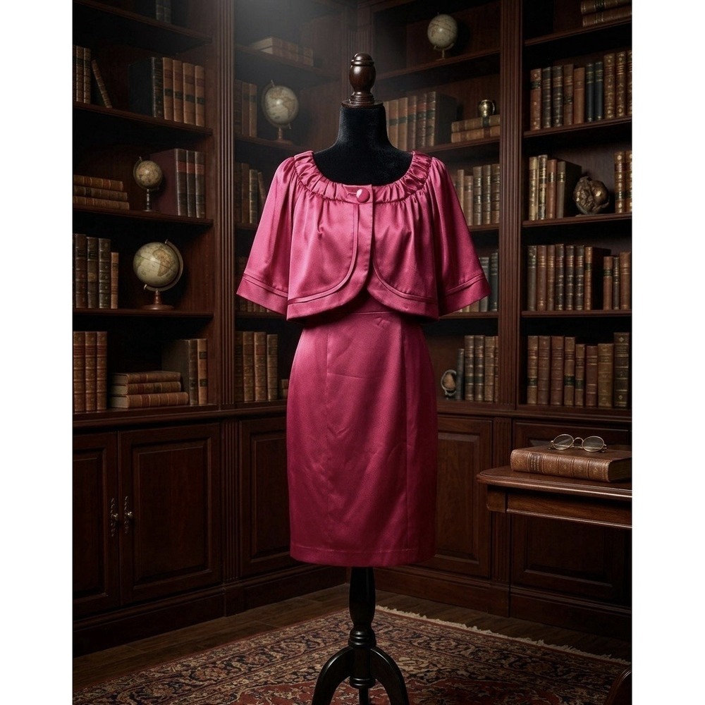 Nine West Suit Magenta Satin Dress & Capelet 2PC Set, Size 6